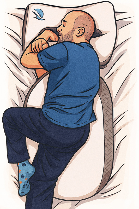 A man sleeping comfortably on his side using the Side Sleep Pro head and body pillow system